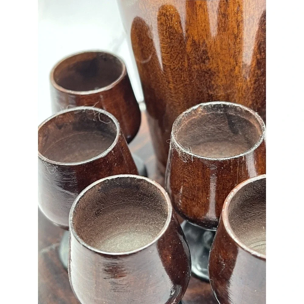 Vtg Wood Turned Saki Decanter‎ Set With 6 Goblet Shot Cups Tray Home Decor MCM